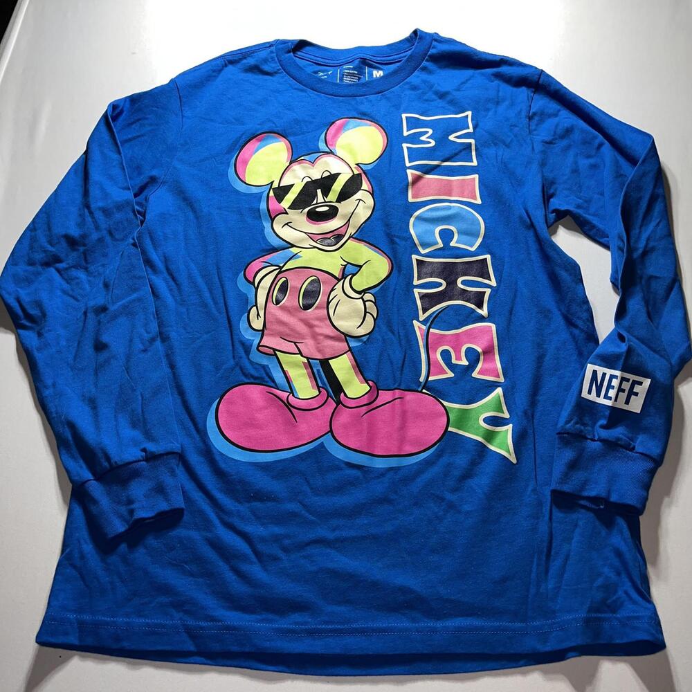 Neff Disney Mickey Mouse Blue Long Sleeve T-Shirt Men’s Size Medium Neon